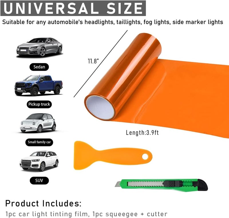 Wevdn Car Light Tint Film, 46.8" × 11.8" Extra-Wide Waterproof Headlight Taillight Tint Wrap Roll, Self Adhesive Film Sticker Sheet for Car Headlight Tail Lights with Squeegee+Cutter (Orange) - Image 2